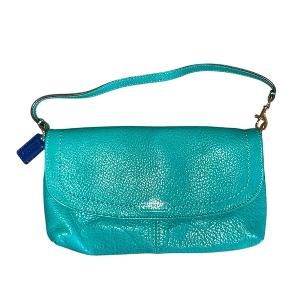 ▶️ COACH ◀️ PARK LEATHER LARGE FLAP WRISTLET 
SILVER/TURQUOISE - Picture 3 of 13